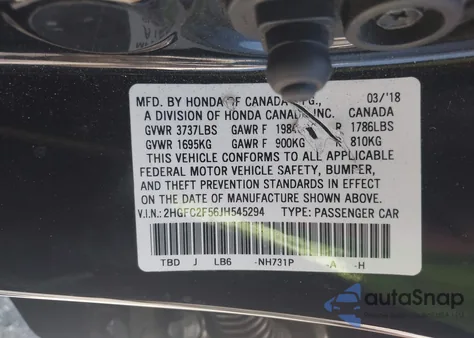 2018 Honda Civic Lx from USA, damaged, VIN 2HGFC2F56JH545294